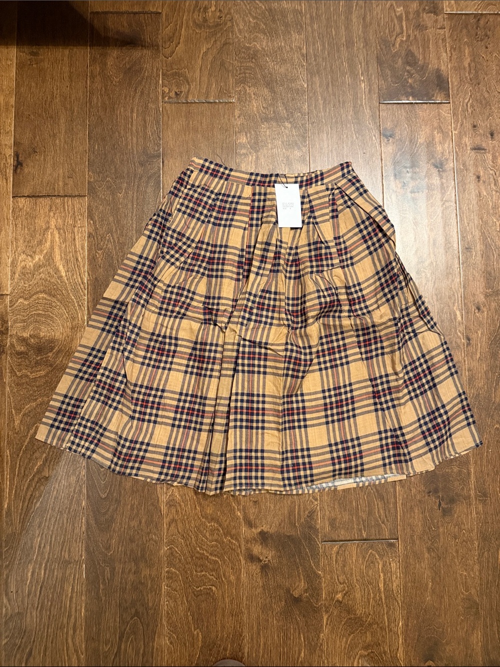 Plaid A-Line Midi Skirt in Camel, Navy & Red